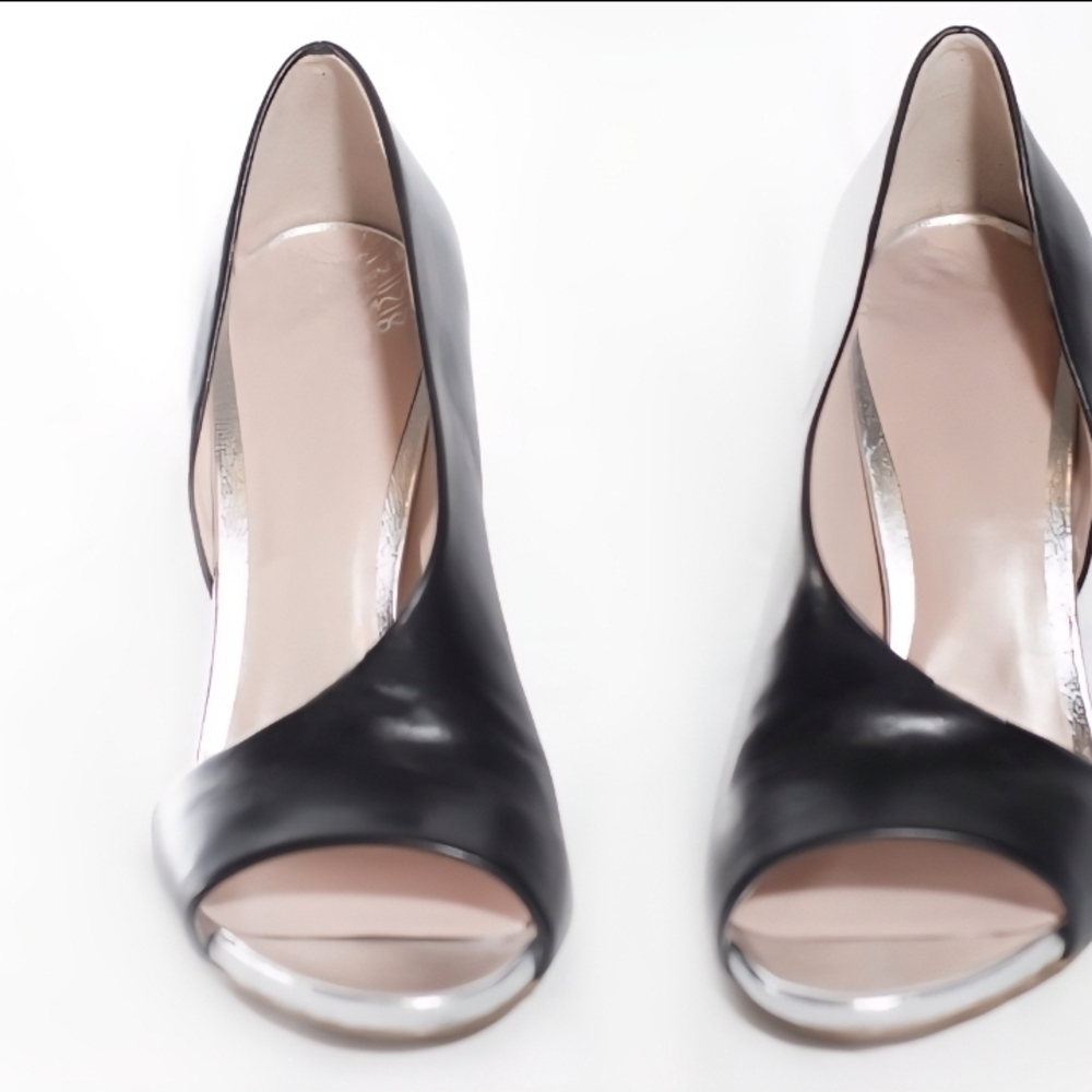 Black Italian Leather Cutout Peep Toe Asymmetric Heels 4"